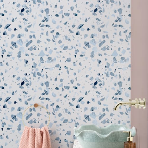 Papier Peint Effet Marbre à Motifs de Terrazzo Blanc et Bleu