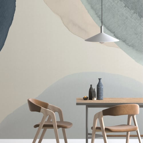 Carta da Parati Azzurra e Beige con Forme Astratte Morbide