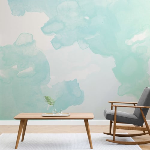 Pastel Green & Blue Ombre Watercolor Inkspill Wall Mural