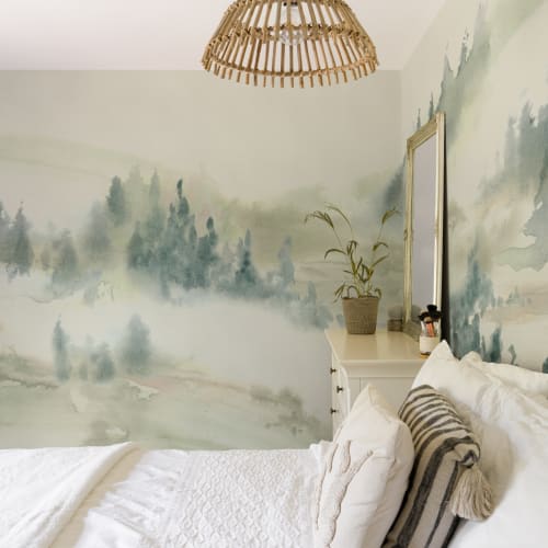 Green Serene Landscape Watercolor Mural For Tranquil Spaces