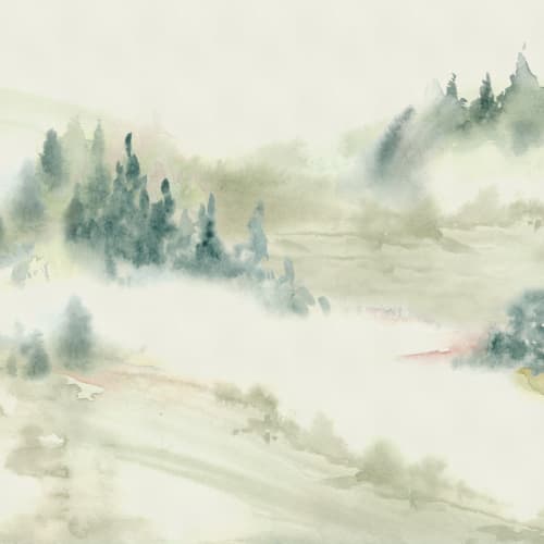 Green Serene Landscape Watercolor Mural For Tranquil Spaces