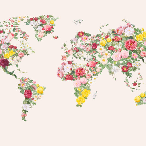 Carta da Parati con Mappamondo di Fiori Multicolor Vintage