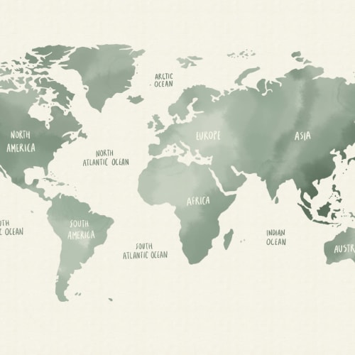 Sage Green & Neutral Watercolor World Map Wallpaper Mural
