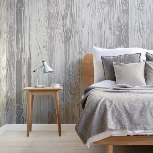 Mural de papel de parede com efeito de painel de madeira impresso neutro