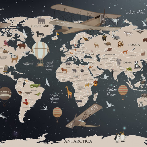 Personalized 3D Animal World Map Wallpaper for an Imaginative Kids Room   Paper Plane Design