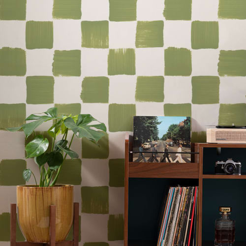 Olive Green Hand Painted Checkered Wallpaper - Hovia Olive Green Hand Painted Checkered Wallpaper - Hovia