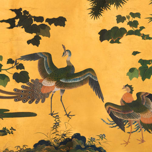 Yellow Illustrated Japanese Peacock Mural - Hovia