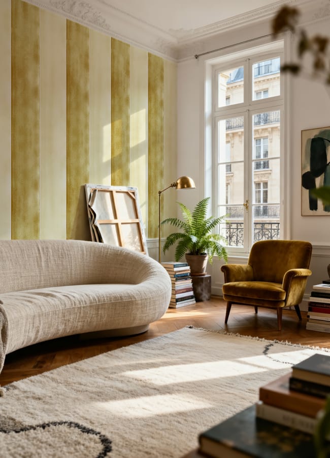 Wide striped wallpaper in warm yellow tones
