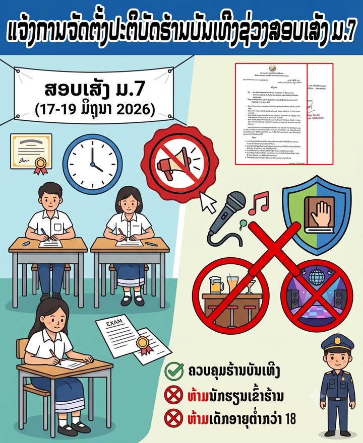 ແຂວງສະຫວັນນະເຂດ ເຂັ້ມງວດຄຸ້ມຄອງຮ້ານບັນເທີງ ແລະ ຮ້ານກິນດື່ມ ຊ່ວງໄລຍະການສອບເສັງຈົບຊັ້ນ ມ.7