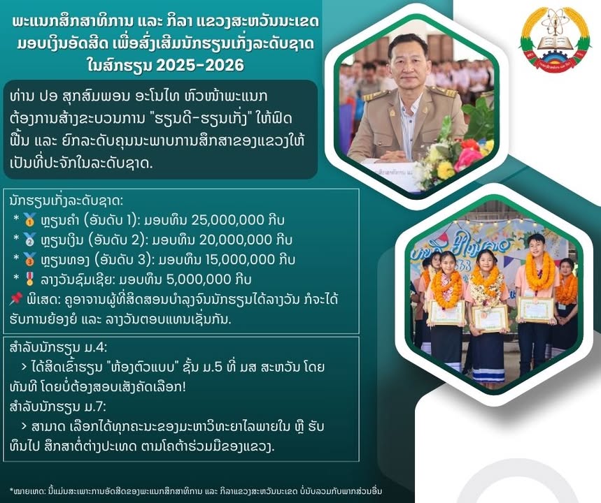 ພະແນກສຶກສາທິການ ແລະ ກິລາ ແຂວງສະຫວັນນະເຂດ ມອບເງິນອັດສີດ ເພື່ອສົ່ງເສີມນັກຮຽນເກັ່ງລະດັບຊາດ ໃນສົກຮຽນ 202