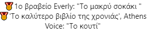 1ο βραβείο Everly: 'Το μακρύ σοκάκι' 'Το καλύτερο βιβλίο της χρονιάς', Athens Voice: 'Το κουτί'