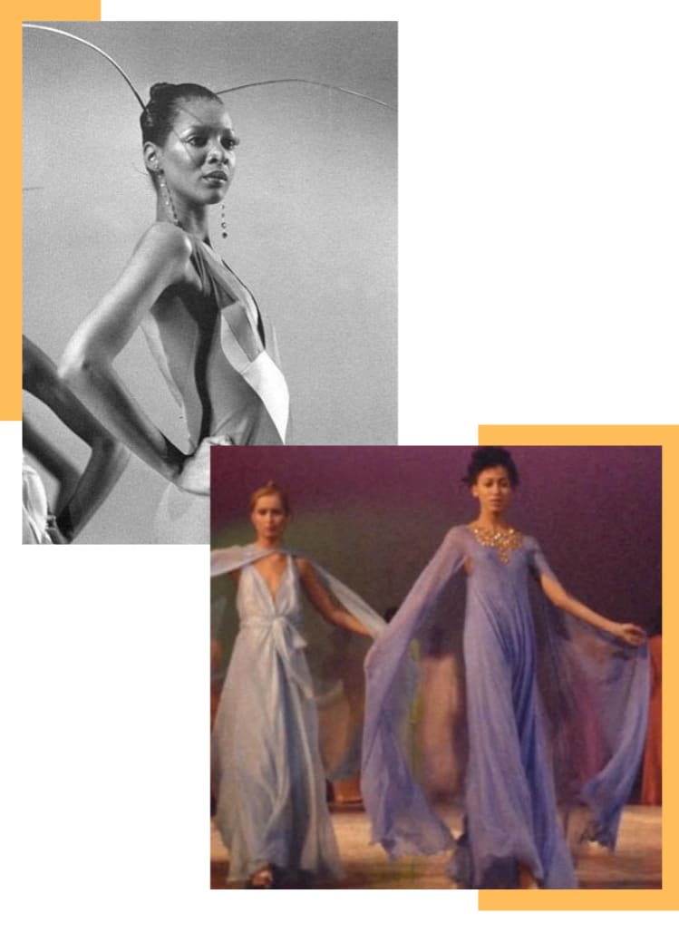 Montagem vertical com duas fotos intercaladas e fundo branco. Cada uma das imagens tem uma borda amarela para decorar. Na primeira foto, alinhada na parte superior esquerda da montagem, uma modelo negra em uma foto preto e branca, com cabelos presos em um coque e um vestido frente única com detalhes geométricos posa.. Na segunda foto, alinhada na lateral inferior direita, uma modelo loura com um vestido esvoaçante azul pastel e uma asiática desfila com um vestido longo de chiffon lilás, com uma espécie de capa leve também em chiffon.