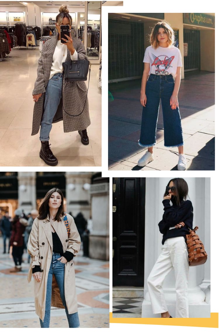 Montagem vertical com fundo branco e quatro fotos, dispostas em duplas. Foto 1 (em cima, à esquerda): Uma mulher posa em frente ao espelho, com os cabelos presos e o celular na frente do rosto. O look é composto por blusão branco, trench coat xadrez cinza, calça jeans azul e coturno preto. Foto 2 (em cima, à direita): uma mulher com cabelos curtos ondulados e descoloridos posa em frente a um prédio cinza com portas de ferro. O look é composto por t-shirt branca com estampa vintage de moto em tom de vermelho e azul, calça jeans pantacourt com a barra dobrada e tênis branco. Foto 3 (embaixo, à direita): uma mulher com cabelos castanhos lisos posa em uma rua movimentada, com as pessoas ao fundo desfocadas. O look é composto por trench coat bege, camiseta preta de manga longa e calça jeans. Foto 4 (embaixo, à direita): uma mulher com cabelos lisos castanhos posa em frente a uma casa branca com porta preta. O look é composto por blusa preta de gola alta, calça branca com barra curta e bolsa caramelo.