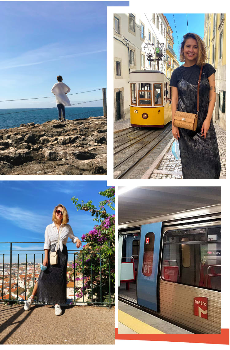 Montagem vertical com fundo branco e quatro fotos, duas em cima, duas embaixo. Foto 1 (em cima, à esquerda): Marcie está de costas para a foto, ao longe, vestindo camisa branca e calça jeans. Ela olha para o horizonte, com rio azul e muitas pedras. Foto 2 (em cima, à direita): Marcie posa sorrindo em frente a um bondinho amarelo. Foto 3 (embaixo, à esquerda): Marcie posa em frente ao Miradouro da Graça, com o céu azul e a cidade de Lisboa em miniatura. Foto 4 (embaixo, à direita): foto detalhe do metrô de Lisboa, cinza de metal com as portas azuis.