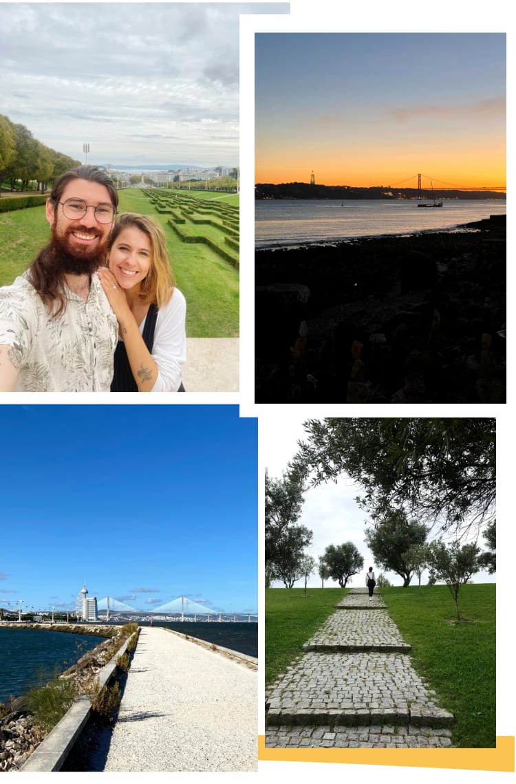 Montagem vertical com fundo branco e quatro fotos, duas posicionadas em cima, duas embaixo. Foto 1 (em cima, à esquerda): Marcie e Ícaro sorriem de frente a um jardim verde de grama que parece não ter fim, no Parque Eduardo VII. Foto 2 (em cima, à direita): Um pôr do sol em frente ao Tejo, com a ponte vermelha ao fundo. Foto 3 (embaixo, à esquerda): Um caminho de pedras, entre dois lados do rio, com céu azul ao fundo e uma ponte de ferro branca. Foto 4 (embaixo, à direita): uma silhueta feminina caminha de costas em uma escadaria de pedras cinza, cercada por grama e árvores dos dois lados.