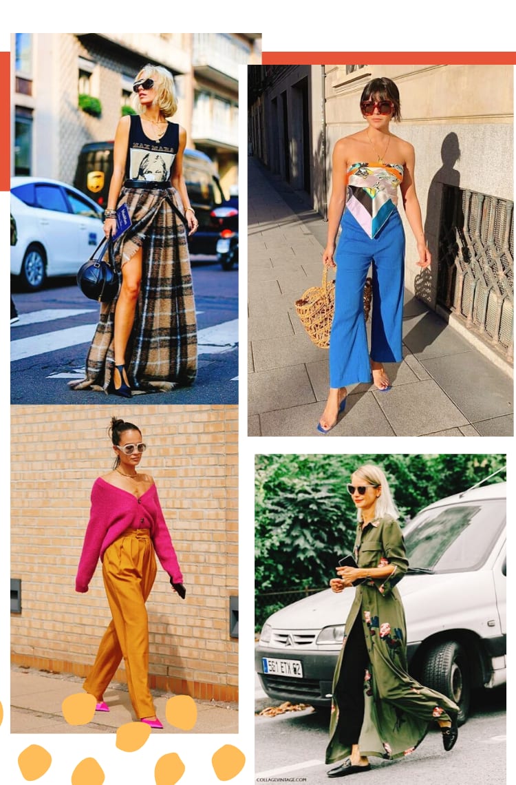 Montagem vertical com quatro fotos de street style, mostrando 5 dicas de como ousar mais na moda. As fotos estão dispostas da seguinte forma: 2 em cima, lado a lado, 2 embaixo, também dispostas lado a lado. Poás amarelos decoram a lateral inferior da foto e uma listra laranja a lateral superior. Todas as fotos possuem uma moldura branca fina. Da esqueda para a direita, foto 1: mulher loira com cabelo chanel na altura do ombro está parada em uma faixa de pedestres. O look é composto por regata preta com as palavras "Max Mara" em bege e a foto de uma mulher em bege e branco, saia longa feita com um tecido de flanela xadrez em tons de bege e marrom, sapato preto com bico fino e bolsa preta. Foto 2: mulher com cabelo preto e franja para em frente a um prédio bege e cinza. O look é composto por lenço de seda estampado em tons de laranja, amarelo, lilás e preto usado como top em v, calça de alfaiataria com barra curta azul, tamanco com vinil transparente e bolsa de palha grande. Foto 3: Uma mulher com cabelo castanho preso em um coque caminha em frente a uma parede de tijolos. O look é composto de cardigan rosa usado como blusa de decote v, calça de alfaiataria de cintura alta amarela e scarpin rosa neon. Foto 4: mulher com cabelo platinado na altura do omrbo caminha em frente a um carro branco estacionado. O look é composto por um vestido longo verde militar com estampas florais rosa usado como blusa, calça de alfaiataria preta e mule preto.