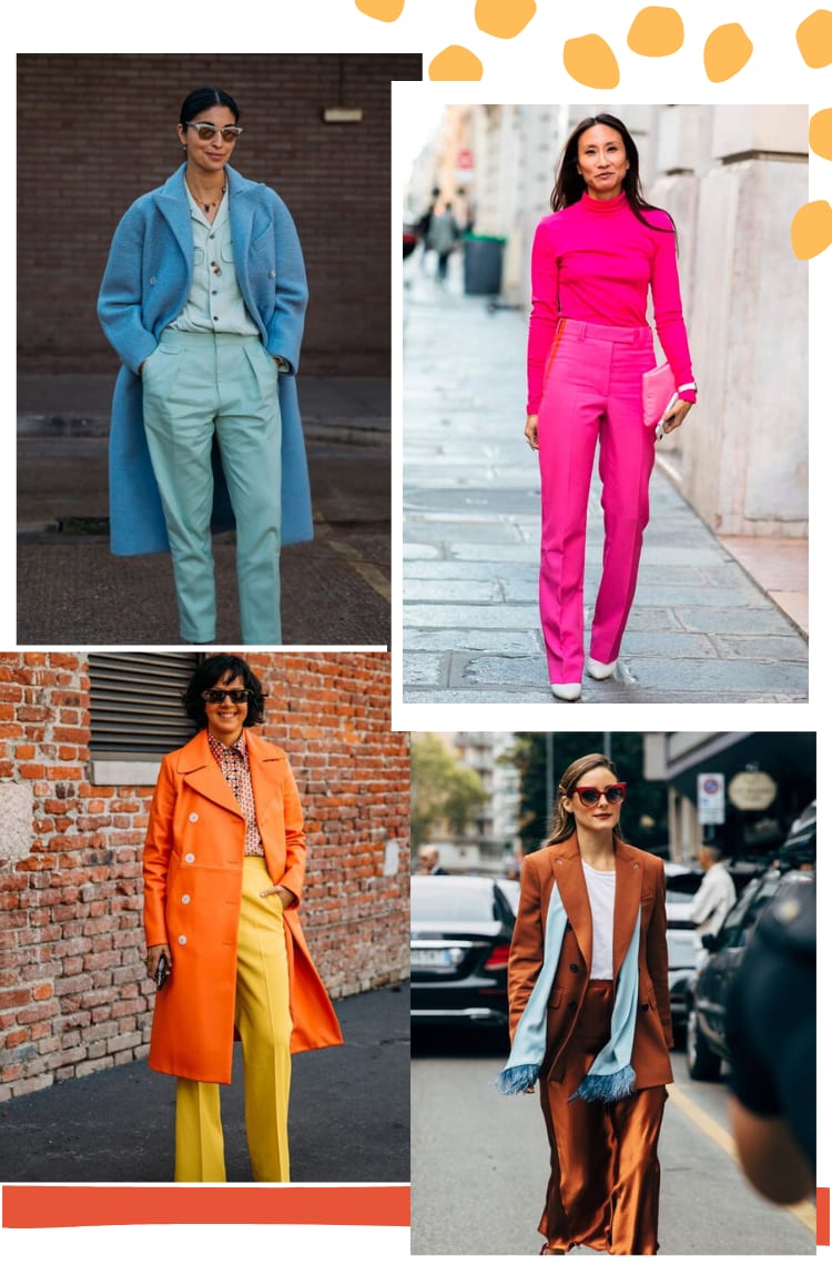 Montagem vertical com quatro fotos de street style, mostrando 5 dicas de como ousar mais na moda. As fotos estão dispostas da seguinte forma: 2 em cima, lado a lado, 2 embaixo, também dispostas lado a lado. Poás amarelos decoram a lateral posterior da foto e uma listra laranja a lateral inferior. Da esquerda para a direita, foto 1: Uma mulher branca com cabelos pretos presos divididos ao meio posa em frente a uma parede de tijolos. O look é composto por óculos de sol gatinho marrom, camisa menta fechada, calça de alfaiataria menta, em um tom mais escuro que o da blusa, e um casaco de lã na altura dos joelhos azul. Foto 2: Uma mulher asiática com cabelos escuros soltos na altura do ombro posta em frente a um prédio desfocado. O look é composto por blusa de gola alta rosa neon usada por dentro de uma calça de alfaiataria rosa neon, uma clutch rosa neon na mão esquerda e um sapato de bico fino branco. Foto 3: Uma mulher branca, com cabelos castanhos curtos, na altura do queixo, posa em frente a um prédio com tijolos à vista. O look é composto por uma camisa estampada em tons de branco, laranja e azul-marinho, pantalona de alfaiataria laranja e um trench coat laranja que vai até o joelho. Foto 4: Uma mulher branca, com cabelos castanhos e luzes loiras caminha em uma rua com vários carros em segundo plano. O look é composto por um óculos gatinho marrom com borda vermelha, camiseta branca, blazer terracotta, manta azul claro usada aberta na lapela do blazer, e saia mídi acetinada terracotta.