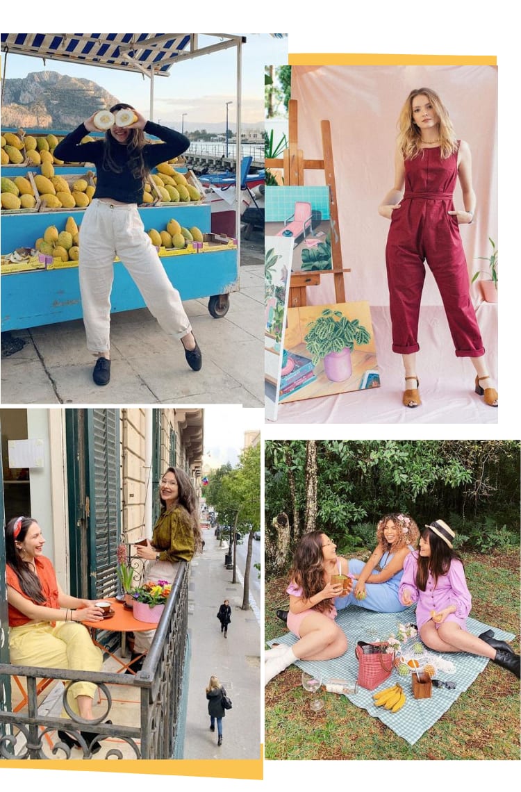 Montagem vertical com quatro fotos, dispostas em dupla. Foto 1 (em cima, à esquerda): uma mulher com cabelos longos castanhos pousa em frente a uma banca de melão azul de madeira. O look é composto por blusa preta de manga longa, calça branca de linho de alfaiataria e oxford preto. Foto 2 (em cima, à direita): Uma mulher loira posa com as mãos no bolso e fundo rosa claro de tecido. Ao seu lado, estão quadros com plantas. O look é composto por macacão rosa de alfaiataria com barra curta dobrada, sandália marrom. Foto 3 (embaixo, à esquerda): duas meninas estão em uma sacada de prédio sorrindo. O look da primeira é composto por camisa verde e calça de alfaiataria branca. O look da segunda é composto por camisa laranja sem manga e calça de alfaiataria amarela pastel. Foto 4 (embaixo, à direita): três meninas estão sentadas em uma toalha de picnic azul, em um campo verde. Uma delas usa um look de short e blusa manga curta rosa pastel. Outra usa um macacão azul pastel e a terceira usa um vestido de manga bufante rosa com bota preta.