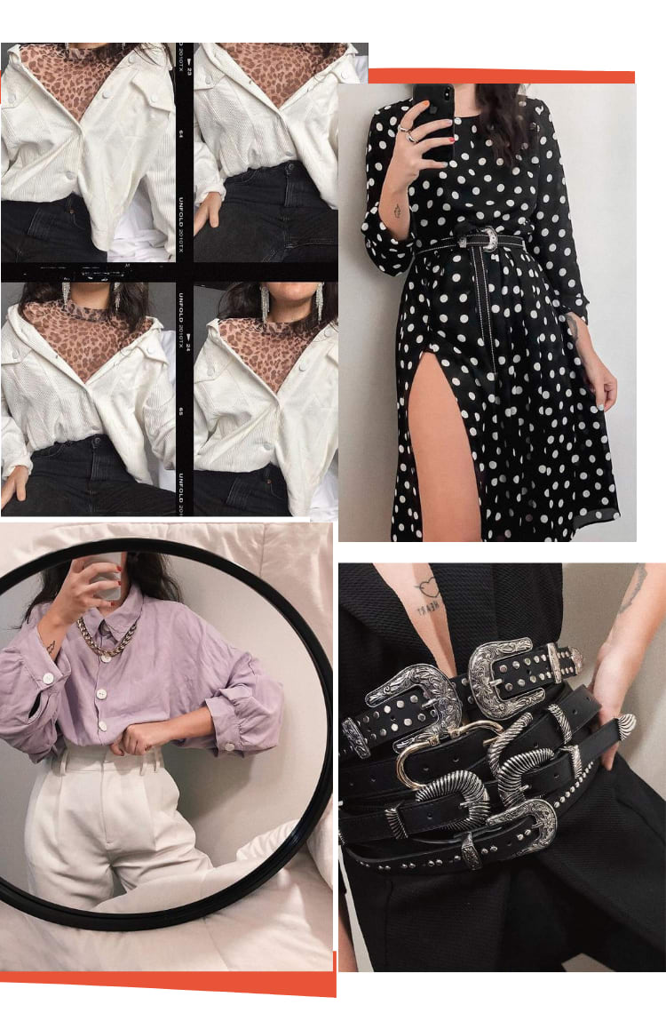 Montagem vertical com fundo branco com 4 fotos, dispostas em duplas. Foto 1 (em cima, à esquerda): quatro fotos de detalhe do tronco até a cintura. O look é composto por blusa de gola alta com estampa animal print, camisa branca com os primeiros botões abertos e calças jeans. Foto 2 (em cima, à direita): Uma mulher tira foto no espelho, sem aparecer o rosto. O look é composto por vestido mídi preto com poá branco, manga longa e fenda. Um cinto preto western está na cintura. Foto 3 (embaixo, à esquerda): Um espelho redondo reflete uma foto de uma mulher sem mostrar o rosto. O look é composto por camisa lilás vintage, calça de alfaiataria branca e colar dourado. Foto 4 (embaixo, à direita): Uma foto de detalhe na região da cintura. O look é composto por blazer preto e quatro cintos western preto.