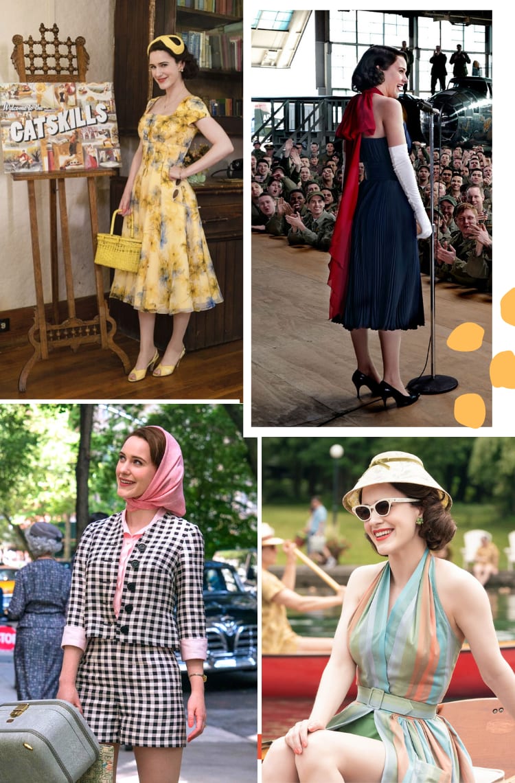 Montagem vertical com fundo branco e quatro fotos, dispostas em duplas, uma em cima, outra embaixo. As fotos trazem looks de The Marvelous Mrs. Maisel, uma das séries para assistir pelo figurino. Foto 1 (em cima, à esquerda): Mrs. Maisel está em uma sala com quadro Catskills. O look é composto por vestido anos 50, acinturado, saia rodada e mídi. O look é amarelo floral com tons azul, bolsa de palha amarela, chapéu amarelo com símbolo do infinito. Foto 2 (em cima, à direita): Mrs. Maisel está de costas à câmera, com uma plateia de soldados ao fundo. O look é composto por vestido mídi e cintura marcada azul-marinho, luvas altas brancas, laço vermelho nas costas. Foto 3 (embaixo, à esquerda): Mrs. Maisel está na rua com árvores ao fundo. O look é composto por conjunto de casaco e shorts preto e branco com estampa xadrez vichy, camisa pink e lenço pink de seda amarrado no cabelo. Foto 4 (embaixo, à direita): Mrs. Maisel está em um barco sorrindo. O look é composto por vestido de banho listrado em tons leves de verde, azul, laranja, óculos de sol com armação branca e chapéu de palha.