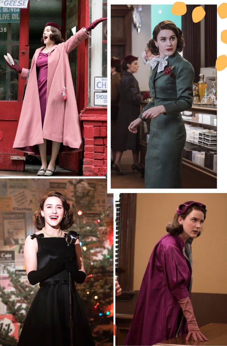 Montagem vertical com fundo branco e quatro fotos, dispostas em duplas, uma em cima, outra embaixo. As fotos trazem looks de The Marvelous Mrs. Maisel, uma das séries para assistir pelo figurino. Foto 1 (em cima, à esquerda): Mrs Maisel está em frente a uma porta vermelha com janelas de vidro, com uma mão no alto sorrindo. O look é composto por uma boina magenta, vestido e luvas magenta, casaco sobretudo oversized rosa. Foto 2 (em cima, à direita): Mrs. Maisel está em uma loja de maquiagem. O look é composto por terno de saia e blazer cropped cinza, gravata branca com poá preto e flor vermelha. Foto 3 (embaixo, à direita): Mrs. Maisel está em um palco segurando um microfone prateado. O look é composto por vestido preto com cintura marcada e alça finas com laço, luvas pretas longas. Foto 4 (embaixo, à direita): Mrs. Maisel está em uma mesa de tribunal. O look é composto por chapéu roxo, casaco roxo com manga bufante 3/4, manga rosa.