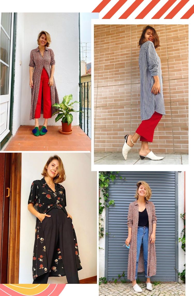 Montagem vertical com quatro fotos, dispostas em duplas, e fundo branco, para ilustrar 6 dicas como usar vestido com calça em looks meia-estação. Foto 1 (em cima, à esquerda): Marcie posa em frente a uma parede branca e uma planta ao lado. O look é composto por vestido mídi animal print de mangas longas com botões abertos até a cintura, usado como blusa, com calça vermelha de alfaiataria e mule verde com pompom azul. Foto 2 (em cima, à direita): Marcie posa em frente a uma parede com tijolos. O look é composto por vestido listrado mídi de mangas longas, calça vermelha de alfaiataria, mule branca de bico fino e salto geométrico. Foto 3 (embaixo, à esquerda): Marcie posa com mãos nos bolsos, em frente a uma parede branca. O look é composto por vestido preto com estampa floral, mangas curtas e botões frontais abertos até a cintura. O vestido é usado como blusa com uma calça preta e cinto preto com rebites. Foto 4 (embaixo, à direita): Marcie posa em frente a uma porta cinza com plantas ao fundo. O look é composto por calça jeans com barra curta, camiseta preta com gola v, vestido mídi de mangas longas animal print usado como quimono com os botões todos abertos e mule branca com bico fino.
