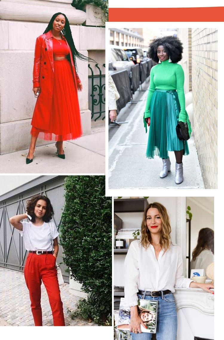Montagem com quatro fotos de street style mostrando como se inspirar no look do oscar da Amanda Seyfried no dia a dia. Foto 1 (em cima): uma mulher com cabelos longos castanhos trançados posa em frente a um prédio cinza. O look é composto por cropped vermelho, saia mídi vermelha plissada, sobretudo de couro vermelho de vinil e scarpin preto. Foto 2 (em cima, à direita): uma mulher com black power castanho está em uma calçada com tijolos ao fundo. O look é composto por turtleneck verde, saia plissada acetinada verde esmeralda, botas prateadas e bolsa preta. Foto 3 (embaixo, à esquerda): uma mulher com cabelos castanhos curtos cacheados está em frente a um portão de garagem preto com árvores ao fundo. O look é composto por calça vermelha, cinto preto, camiseta branca. Foto 4 (embaixo, à direita): uma mulher loira com cabelos ondulados e californianas está escorada em uma lareira branca. O look é composto por camisa branca, calça jeans, cinto preto e batom vermelho.