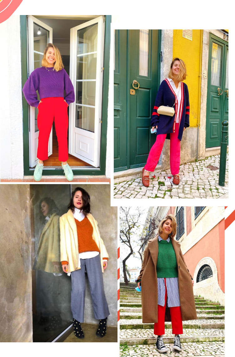 Montagem vertical com quatro fotos, dispostas em duplas, uma em cima a outra embaixo, para mostrar looks coloridos de inverno 2021! Foto 1 (em cima, à esquerda): Marcie posa em frente a uma porta branca. O look é composto por blusão de lã cropped roxo, calça de alfaiataria vermelha e tênis verde menta. Foto 2 (em cima, à direita): Marcie posa em frente a uma porta verde de prédio. O look é composto por camisa branca, casaco azul-marinho com listras vermelhas, calça pink, mocassim marrom com detalhes dourados e bolsa de palha com alça de miçangas transversal. Foto 3 (embaixo, à esquerda): Marcie posa escorada em uma parede cinza. O look é composto por camisa branca usada por baixo de blusão amarelo mostarda, casaco amarelo, calça de alfaiataria de lã cinza e bota preta com bordados dourados. Foto 4 (embaixo, à direita): Marcie posa em frente a uma escadaria com árvores secas ao fundo. O look é composto por camisa branca com listras azul oversized usada por baixo de blusão verde, casaco bege, calça vermelha e all star preto.