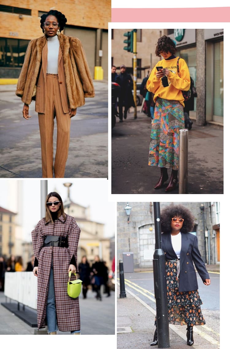 Montagem vertical com quatro fotos, dispostas em duplas, para ilustrar dicas de como montar looks de inverno 2021 estilosos. Foto 1 (em cima, à esquerda): uma mulher com cabelos castanhos trançados está em frente a uma parede de tijolos à vista. O look é composto por blusa de gola alta branca, terno listrado vertical em tons de laranja e vermelho, com casaco de pelo caramelo. Foto 2 (em cima, à direita): uma mulher com cabelos cacheados curtos na altura da orela está em uma rua com pessoas desfocadas ao fundo, mexendo no celular. O look é composto por blusa de gola alta preta, moletom amarelo, saia mídi colorida estampada e bota bordô envernizada de cano alto. Foto 3 (embaixo, à esquerda): uma mulher com cabelos lisos na altura do peito está parada em uma rua com um fundo desfocado. O look é composto por casaco xadrez sobretudo bordô com cinto de couro largo preto, calça jeans e bolsa verde limão. Foto 4 (embaixo, à direita): uma mulher com cabelos castanhos black power está em uma rua vazia. O look é composto por blusa branca, óculos escuros com armação laranja, saia mídi floral, blazer preto usado metade para dentro do blazer, bota envernizada preta de cano alto.