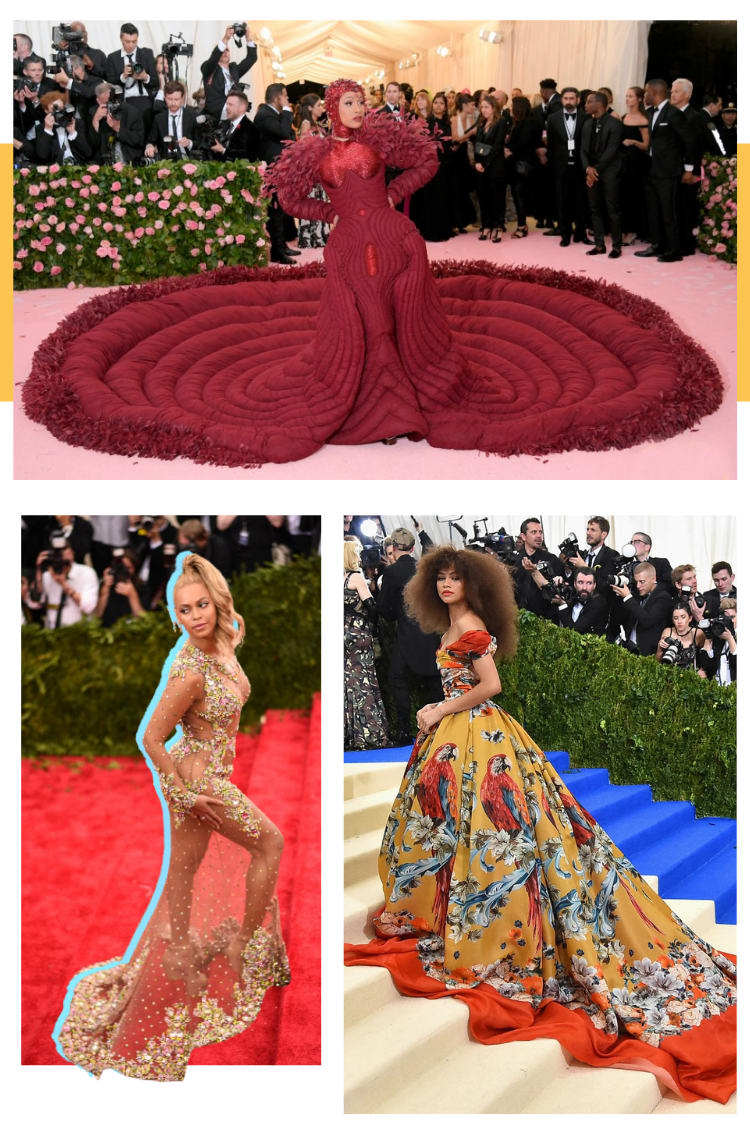 Montagem vertical com três fotos contando a história do Met Gala. Foto 1 (em cima): Cardi B está no tapete rosa com um vestido longo enorme de mangas longas e touca bordô. Foto 2 (embaixo, à esquerda): Beyoncé está no tapete vermelho do Met. O look é composto por vestido transparente de mangas longas com bordado de plantas. Foto 3 (embaixo, à direita): Zendaya está subindo a escadaria branca, com um vestido longo amarelo com estampa de arara vermelha.