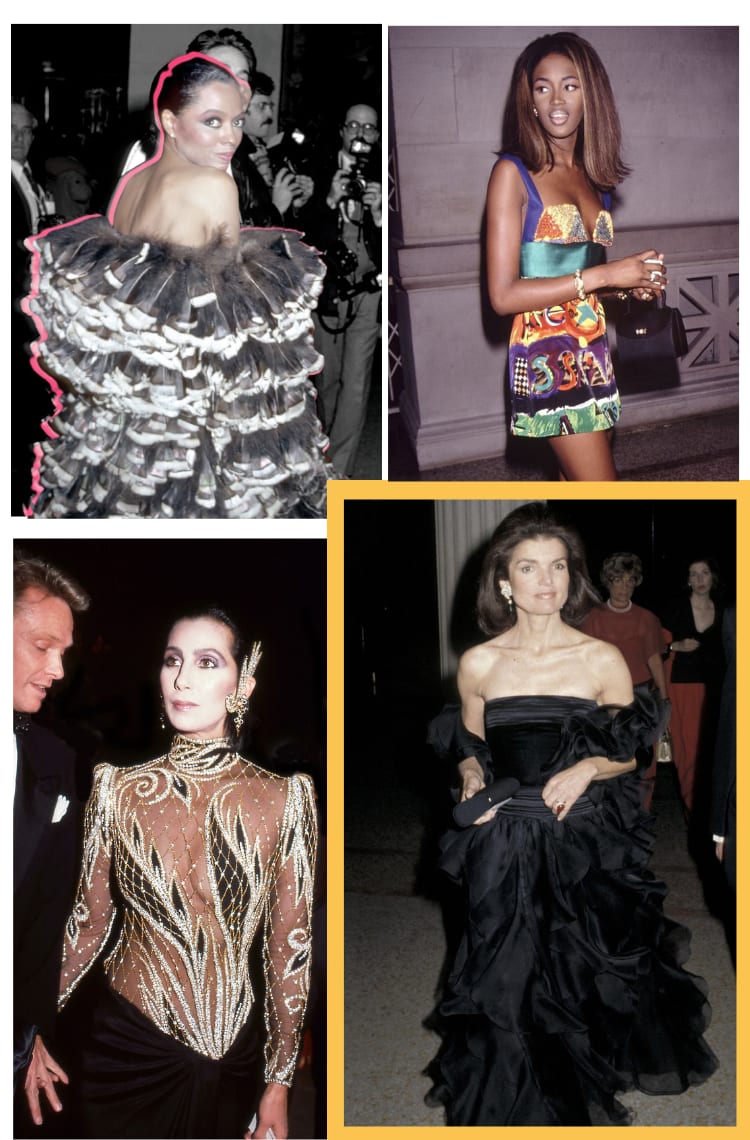 Montagem vertical com quatro fotos contando a história do Met Gala. Foto 1 (em cima, à esquerda): Diana Ross está na entrada do Met Gala. Ela veste um vestido prateado com babados. Foto 2 (em cima, à direita): Naomi Campbell está na entrada do Met Gala. Ela veste um vestido curto colorido e estampado Versace. Foto 3 (embaixo, à esquerda): Cher está chegando no Met Gala. O look é composto por mangas longas transparentes com bordados pretos e dourados, saia preta de veludo e brincos de strass dourados. Foto 4 (embaixo, à direita): Jackie Kennedy caminha na entrada do Met Gala com um vestido sem alças e saias de babados preta.