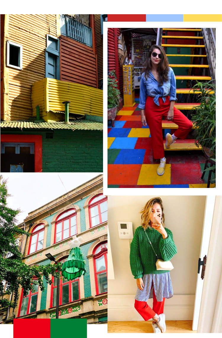 Montagem vertical com 4 fotos para mostrar 5 lugares não literais para se inspirar na hora de criar looks coloridos criativos. Foto 1 (em cima, à esquerda): Um prédio em tons de vermelho, amarelo e azul, do Caminito, ponto turístico de Buenos Aires muito conhecido. Foto 2 (à direita): Marcie posa em frente a um prédio repleto de tons de vermelho, amarelo e azul. O look é composto por camisa jeans com laço na cintura, calça vermelha e tênis amarelo de cano alto. Foto 3 (embaixo, à esquerda): uma foto detalhe de um prédio de azulejos verdes e janelas com bordas vermelhas. Foto 4 (embaixo, à direita): Marcie posa em frente a um espelho, se fotografando com o celular. O look é composto por camisa azul listrada oversized, usada por baixo de um suéter verde de lã grossa, calça vermelha, tênis branco com cadarços amarrados na canela e bolsa de palha com alça de miçangas à tiracolo.