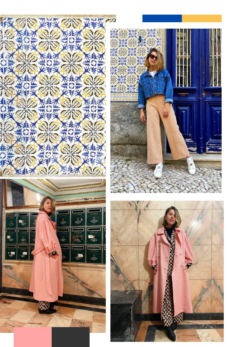 Montagem vertical com 4 fotos para mostrar 5 lugares não literais para se inspirar na hora de criar looks coloridos criativos. Foto 1 (em cima, à esquerda): foto detalhe de azulejos florais em tons de amarelo e azul. Foto 2 (em cima, à direita): Marcie posa em frente a uma parede com azulejos azuis e amarelos e uma porta azul. O look é composto por camiseta branca, jaqueta jeans cropped, calça estampada amarela de xadrez vichy e tênis branco com cadarço amarrado no tornozelo. Foto 3 e 4 (embaixo): Marcie posa em frente a uma recepção de prédio toda de mármore rosa com cinza escuro. O look é composto por blusa de gola alta preta usada por baixo de um terno preto estampado com leques em rosa e laranja, bota western e sobretudo rosa chiclete de mangas bufantes.