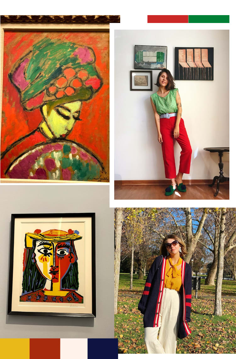Montagem vertical com 4 fotos para mostrar 5 lugares não literais para se inspirar na hora de criar looks coloridos criativos. Foto 1 (em cima, à direita): um quadro com fundo vermelho e uma mulher com os olhos fechados em tons de verde, rosa, amarelo. Foto 2 (em cima, à direita): Marcie posa em frente a uma parede branca com quadros ao fundo. O look é composto por blusa sem alças verde com estampa floral branca, calça vermelha, cinto azul claro e mule verde com pompom azul. Foto 3 (embaixo, à esquerda): Um quadro com uma mulher em tons de azul, verde, vermelho, amarelo e preto está em uma parede branca em um museu. Foto 4 (embaixo, à direita): Marcie posa em frente a um parque cheio de árvores de outono. O look é composto por óculos gatinho, óculos de estampa xadrez verde, camisa amarela de gola laço, cardigã azul-marinho com listras vermelhas e brancas na gola e nas mangas, calça branca pantalona.