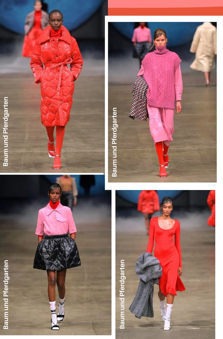 Montagem vertical com quatro fotos lado a lado sobre as 7 tendências da Copenhagen Fashion Week 2022. Foto 1 (em cima, à esquerda, da Baum und Pferdgarten): uma modelo de cabelo raspado desfila em passarela cinza. O look é composto por blusa de gola alta vermelha, casaco puffer vermelho na altura do joelho acinturado, meia-calça vermelha e sandália metalizada de tiras finas. Foto 2 (em cima, à direita, da Baum und Pferdgarten): uma modelo com cabelos presos desfila em uma passarela cinza. O look é composto por vestido de babados rosa na altura do joelho, usado por baixo de um colete rosa de lã de gola alta, meia calça vermelha e sandália de tiras finas prateada. Foto 3 (embaixo, à esquerda, da Baum und Pferdgarten): uma modelo com cabelo wet hair desfila em uma passarela cinza. O look é composto por blusa de gola alta vermelha, usada por baixo de uma camiseta de gola polo rosa, minissaia puffer preta de matelassê, meia branca na canela e sandália preta de tiras finas. Foto 4 (embaixo, à direita, da Baum und Pferdgarten): o look é composto por vestido mídi de manga longa vermelho, meia branca na altura da canela, sandália metalizada de tiras finas e casaco cinza na mão.