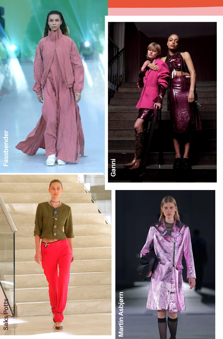 Montagem vertical com quatro fotos lado a lado sobre as 7 tendências da Copenhagen Fashion Week 2022. Foto 1 (em cima, à esquerda, da Fassbender): uma modelo com cabelos cacheados desfila em passarela branca. O look é composto por vestido longo rosa chá, jaqueta bomber rosa chá no mesmo tome. tecido, meia branca e chinelo branco. Foto 2 (em cima, à direita, da Ganni): Duas modelos estão juntas em uma escadaria cinza. O look da primeira é composto por vestido curto de manga longa de paetês rosa escuro, blazer rosa choque e bota cowboy marrom na altura do joelho. A segunda usa um conjunto de cropped e saia mídi de paetê rosa escuro com tênis preto. Foto 3 (embaixo, à esquerda, da Saks Potts): uma mulher com cabelos presos está em frente a uma escadaria de mármore branco. O look é composto por casaco verde musgo com botões prateados, calça rosa neon de cintura baixa e scarpin marrom com amarração na canela. Foto 4 (embaixo, à direita, da Martin Asbjorn): uma mulher loira com cabelos lisos desfila em uma passarela branca com fundo preto. O look é composto por casaco rosa metalizado, bolsa preta e meias 3/4 preta.