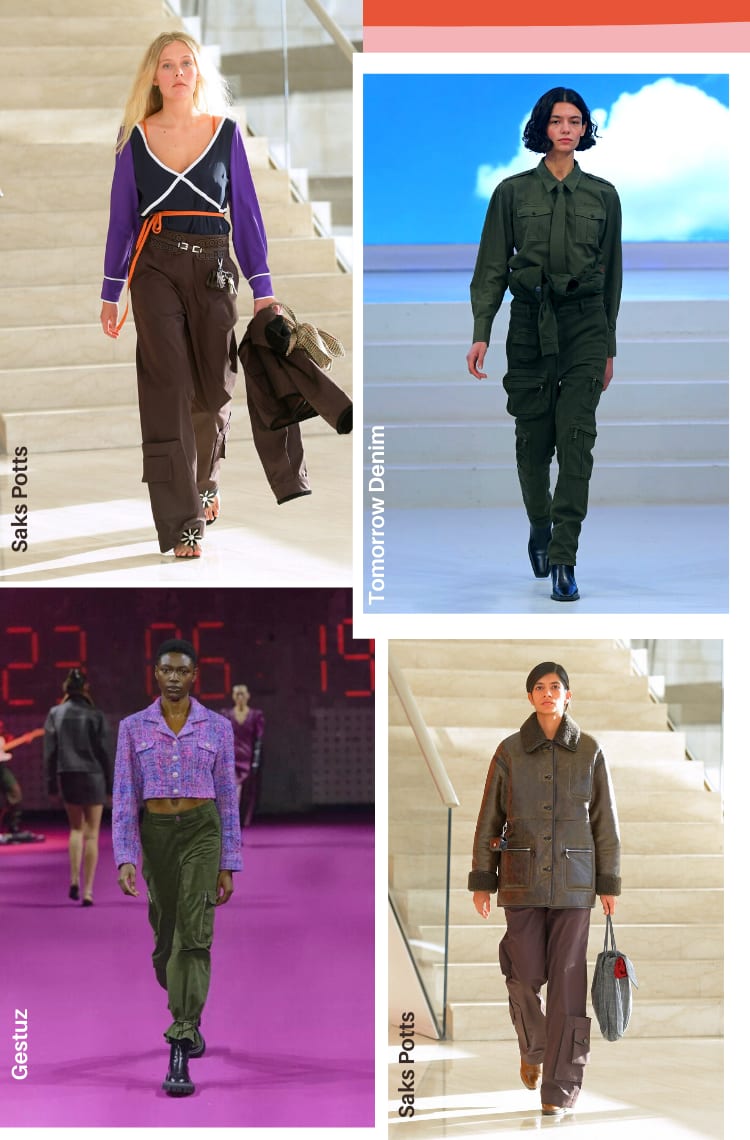 Montagem vertical com quatro fotos lado a lado sobre as 7 tendências da Copenhagen Fashion Week 2022. Foto 1 (em cima, à esquerda, da Saks Potts): uma mulher loira desfila em uma passarela de mármore branco. O look é composto por blusa de manga longa preta com mangas roxas e cinto laranja na cintura, calça longa cargo marrom, jaqueta marrom e sandália preta com flor branca de missanga. Foto 2 (em cima, à direita, da Tomorrow Denim): uma mulher com cabelos curtos ondulados na altura do queixo desfila em uma passarela branca com fundo de céu. O look é composto por calça cargo verde militar, camisa verde militar com bolsos na altura do peito, gravata verde militar e bota preta. Foto 3 (embaixo, à esquerda, da Gestuz): uma mulher com cabelos curtos castanhos desfila em uma passarela fúscia. O look é composto por calça cargo verde militar, bota preta e jaqueta cropped de tweed em tons de roxo e rosa. Foto 4 (embaixo, à direita, da Saks Potts): uma mulher com cabelos castanhos desfila em passarela branca de mármore. O look é composto por calça cargo longa marrom, jaqueta de couro marrom com detalhes de pelos e bolsa cinza.