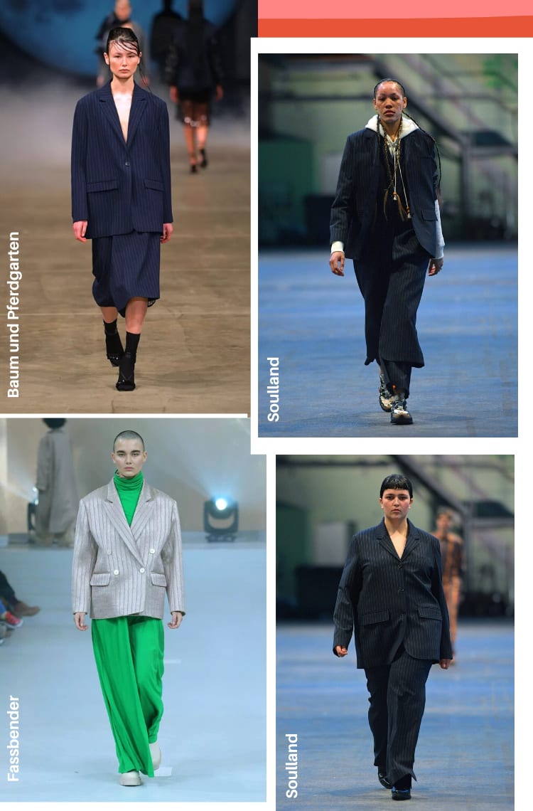 Montagem vertical com quatro fotos lado a lado sobre as 7 tendências da Copenhagen Fashion Week 2022. Foto 1 (em cima, à esquerda, da Baum und Pferdgarten): uma mulher com cabelos pretos presos em um coque wet hair está desfilando em frente a uma passarela cinza. O look é composto por terno de blazer e saia azul marinho com estampa risca de giz branco, meia preta até a canela e sandália de tiras finas preta metalizada. Foto 2 (em cima, à direita, da Soulland): uma mulher com tranças longas escuras na altura da cintura está em uma passarela cinza. O look é comporot por um terno azul marinho risca de giz com moletom branco usado por baixo do blazer e tênis camuflado. Foto 3 (embaixo, à esquerda, da Fassbender): uma mulher com cabelos raspados caminha em uma passarela branca. O look é comporto por blusa de gola alta verde, pantalona verde, blazer prateado risca de giz e bota branca. Foto 4 (embaixo, à direita, da Soulland): uma mulher com cabelos curtos pretos com franja curta desfila em passarela cinza. O look é composto por terno oversized azul marinho com risca de giz e bota preta.