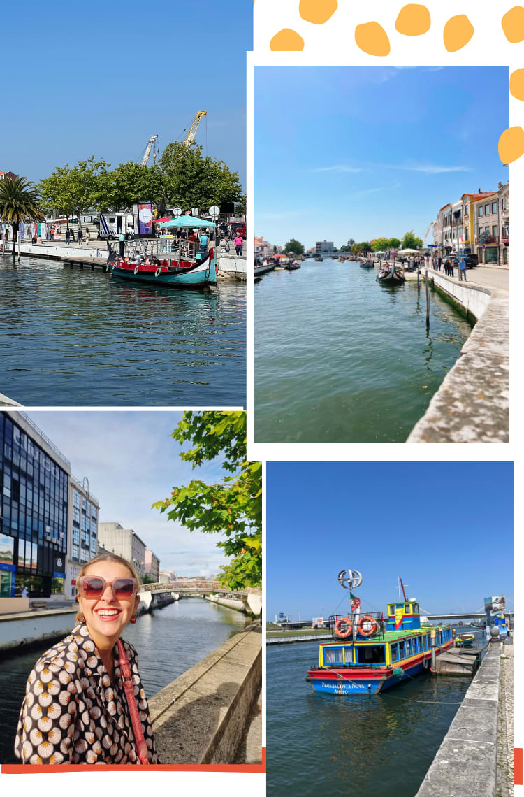Montagem vertical com 4 fotos e fundo branco, mostrando 12 dicas do que fazer em Aveiro. Foto 1 (em cima, à esquerda): um barco no estilo gôndola está em um canal de água. Ao fundo estão árvores e um céu azul. Foto 2 (em cima, à direita): um barco no estilo gôndola em um canal de água azul. Ao fundo está um céu azul e prédios coloridos. Foto 3 (embaixo, à esquerda): Marcie está sentada na borda de concreto de um canal, com água e uma ponte ao fundo. Ela está olhando para a câmera e sorrindo. O look é composto por coque baixo com cabelo dividido ao meio, óculos rosa claro, blazer preto com estampa rosa, bolsa rosa transversal. Foto 4 (embaixo, à direita): um barco com tons de azul, amarelo, vermelho e verde está na água.