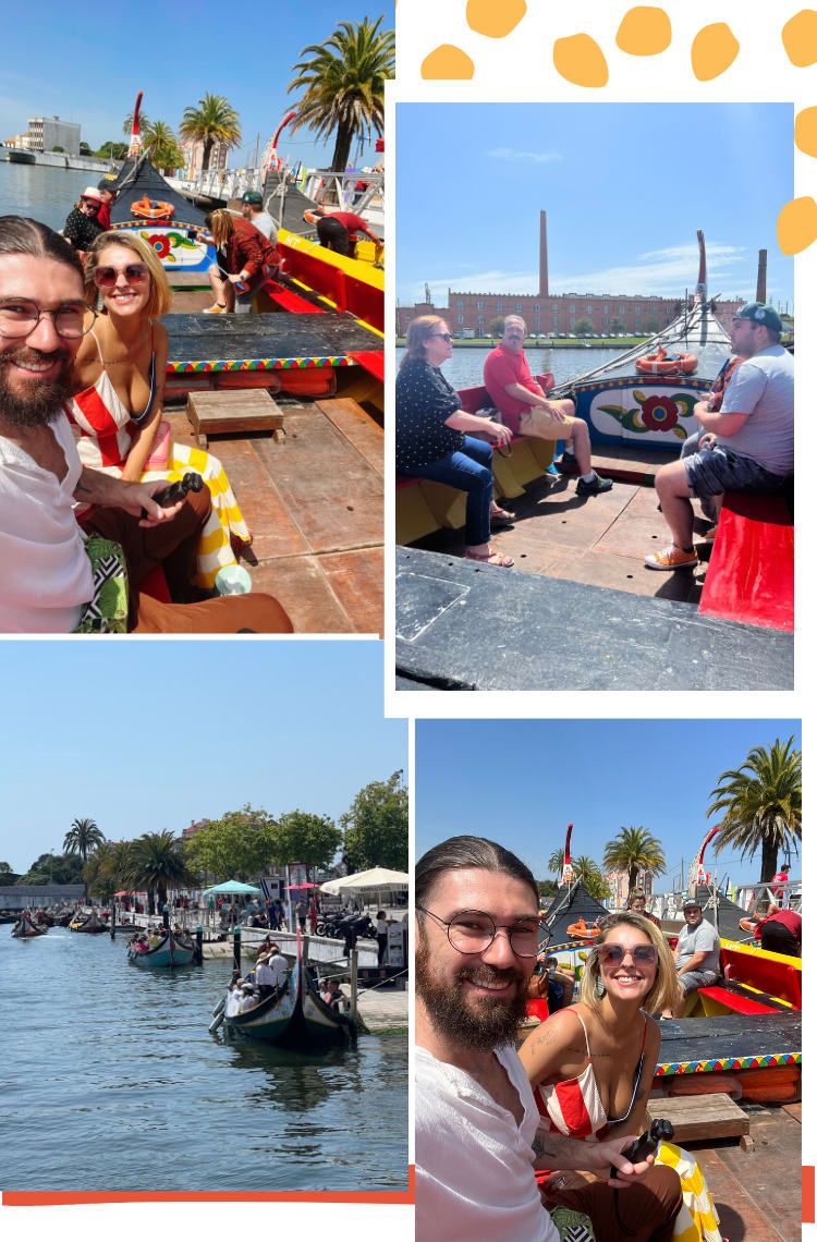 Montagem vertical com 4 fotos e fundo branco, mostrando 12 dicas do que fazer em Aveiro. Foto 1 (em cima, à esquerda): Um moliceiro, barco todo colorido em tons de vermelho e amarelo está na água parada. Dentro do barco, um casal sorri para selfie. Foto 2 (em cima, à direita): A ponta de um barco está navegando em um canal. Foto 3 (embaixo, à esquerda): Um barquinho no estilo gôndola está com água em um canal. Foto 4 (embaixo, à direita): A ponta de um barco está navegando em um canal.