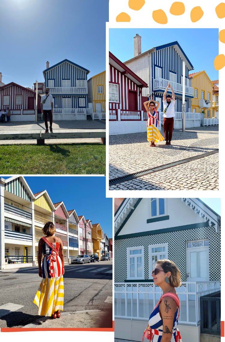 Montagem vertical com 4 fotos e fundo branco, mostrando 12 dicas do que fazer em Aveiro. Foto 1 (em cima, à direita): três casinhas no estilo sobrado listradas estão dispostas lado a lado. A primeira é vermelha, a segunda é azul e a terceira é amarela. Foto 2 (em cima, à direita): Marcie posa em frente a três casas listradas coloridas. A primeira é vermelha, a segunda é azul e a terceira é amarela. Foto 3 (embaixo, à esquerda): Marcie está de costas olhando para uma série de casinhas listradas. Foto 4 (embaixo, à direita): Marcie posa em frente a uma casa quadriculada em tons de verde e branco.
