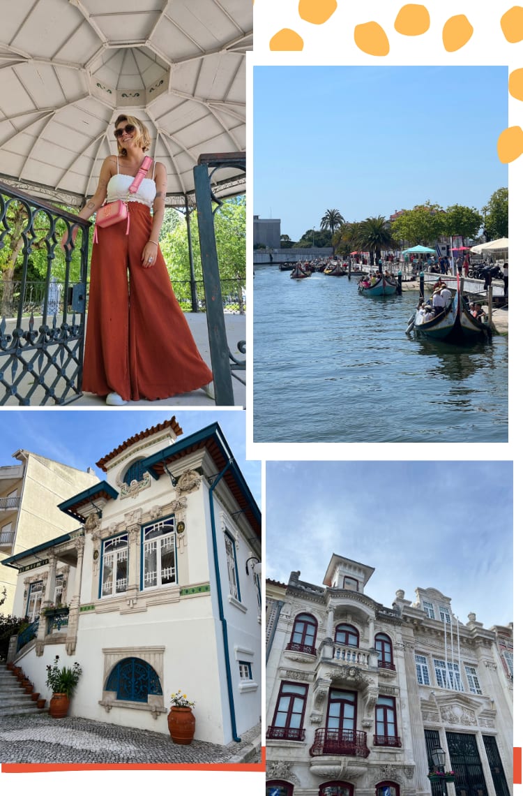 Montagem vertical com 4 fotos e fundo branco, mostrando 12 dicas do que fazer em Aveiro. Foto 1 (em cima, à direita): Marcie está dentro de um gazebo sorrindo. O look é composto por cropped branco, pantalona cobre e bolsa rosa. Foto 2 (em cima, à direita): um canal com barquinhos ao lado. Foto 3 (embaixo, à esquerda): um casarão de dois andares branco com detalhe azul. Foto 4 (embaixo, à direita): Dois prédios brancos e cinzas com três andares estão em um céu nublado.