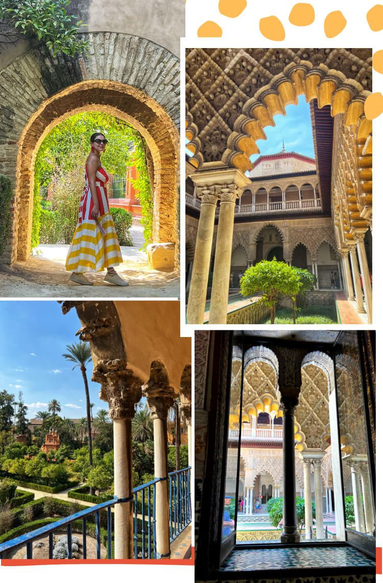 Montagem vertical com 4 fotos do Real Alcázar de Sevilha. Foto 1 (em cima, à direita): Marcie, uma mulher com vestido longo em tons de vermelho e amarelo está no centro de um arco de pedra antigo. Ao fundo, estão uma série de plantas e árvores verdes. Foto 2 (em cima, à direita): foto detalhe do jardim do palácio, com um arco inteiro trabalhado em tons de bege e dourado, enquanto o jardim aparece ao fundo. Foto 3 (embaixo, à direita): Foto de um jardim a partir da perspectiva de uma sacada do castelo. O jardim tem uma série de árvores e folhagens em tons de verde. Foto 4 (embaixo, à direita): uma janela em tom escuro, com azulejos ao redor revela uma paisagem do castelo, com arcos trabalhados, lago e árvores ao fundo.