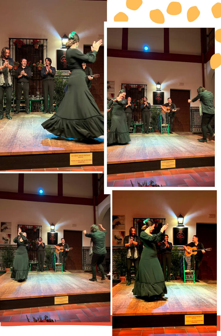 Montagem vertical com quatro fotos dispostas em dupla com dicas do que fazer em Sevilha. As quatro fotos são imagens de um tablado de flamenco, com 5 pessoas (4 homens e 1 mulher) vestidos de preto dançando e aplaudindo.