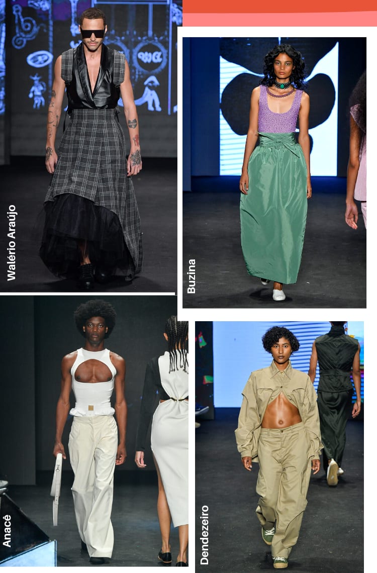 Montagem vertical com 4 fotos com as principais tendências da SPFW 54 Outono/inverno 2023. Foto 1, do desfile de Walério Araújo: um modelo de cabelo baixo desfila na passarela. O look é composto por vestido xadrez com fundo cinza e barra de tule preta, usado por baixo de um colete. de couro preto e tênis preto. Foto 2, do desfile da Buzina. Uma modelo com cabelos cacheados pretos desfila. O look é composto por regata lilás e saia longa com cintura alta bem marcada em tom de verde. Foto 3, do desfle da Anacê: um modelo com cabelos cacheados desfila. O look é composto por regata branca aberta na região do peitoral, cueca samba canção branca para fora da calça e calça de alfaiataria branca. Foto 4, do desfile da Dendezeiro: uma modelo com cabelos cacheados curto desfila. O look é composto por camisa em tom de bege abotoada apenas no primeiro botão, com a cintura aparecendo, e calça combinando na mesma cor.