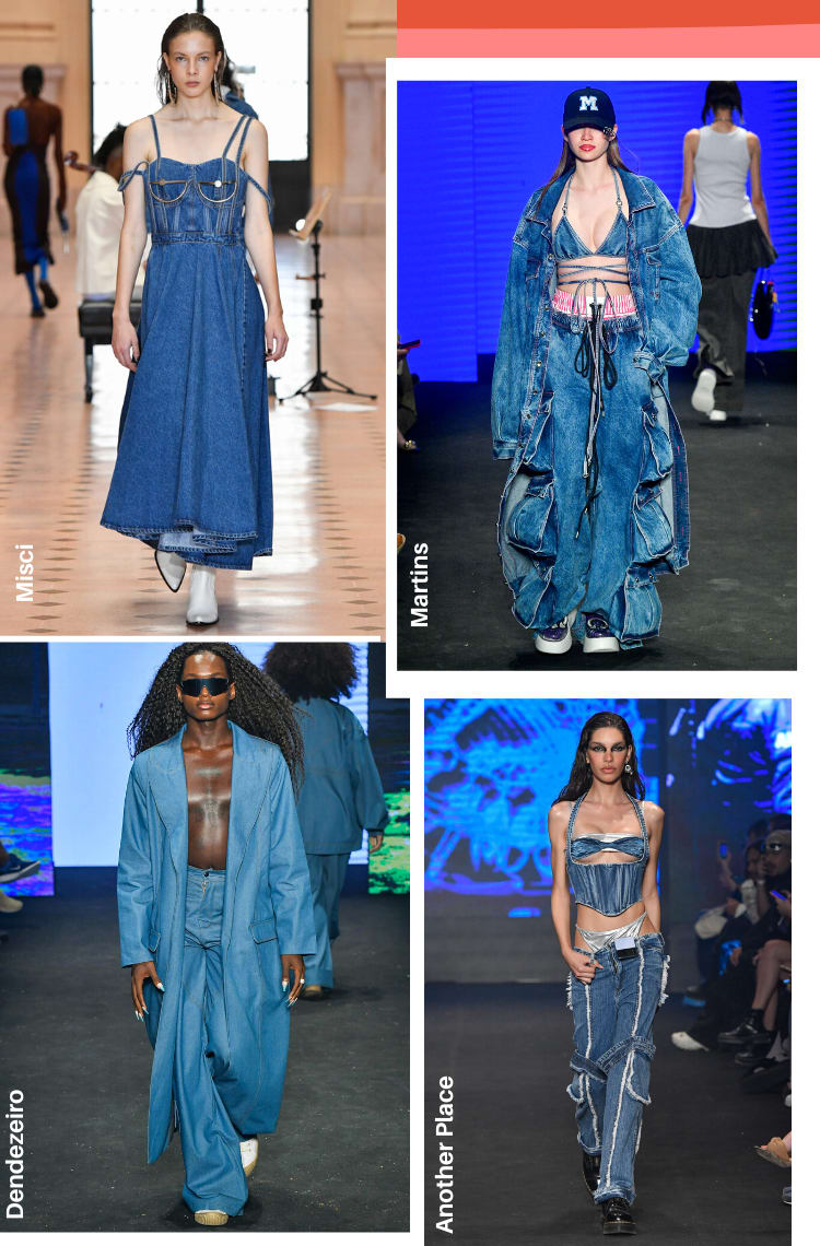 Montagem vertical com 4 fotos com as principais tendências da SPFW 54 Outono/inverno 2023. Foto 1, do desfile da Misci: uma modelo com cabelos castanhos está na pasarela. O look é composto por vestido mídi jeans azul com alças finas e cinutra marcada. Foto 2, do desfile da Martins: uma modelo com cabelos castanhos longos lisos desfila. O loko é composto por boné preto com a letra M bordada em branco, top de biquíni com amarração na cintura jeans, calça pantalona de cintura baixa jeans e sobretudo jeans. Foto 3, da marca Dendezeiro: um modelo com cabelos longos cacheados está na passarela. O look é composto por calça jeans e sobretudo jeans sem camisa por baixo. Foto 4, do desfile da Another Place: uma modelo com cabelos castanhos está na passarela: o look é composto por corset jeans com detalhes prateados, calça pantalona e calcinha prateada.