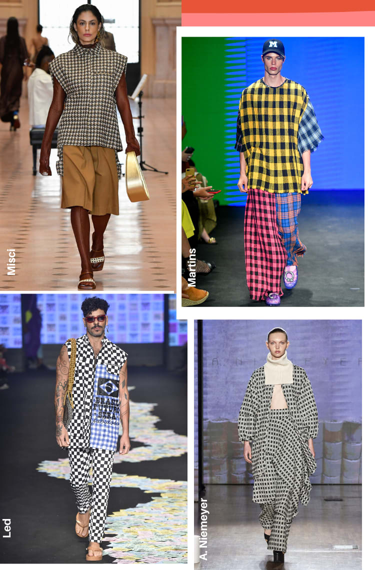 Montagem vertical com 4 fotos com as principais tendências da SPFW 54 Outono/inverno 2023. Foto 1, da Misci. Uma modelo com cabelos curtos lisos está no centro da passarela. O look é composto por blusa de mangas longas marrom e meia calça marrom, usadas por baixo de um colete estampado xadrez pied de poule e bermuda bege de alfaiataria. Foto 2, do desfile da Martins: um modelo com cabelos curtos está no centro da passarela. O look é composto por camiseta oversized em xadrez tartan em tons de amarelo e azul, calça xadrez uma perna com cada xadrez, em tons de vermelho, azul e rosa. Foto 3, do desfile da Led: um modelo com cabelos curtos cacheados está no centro da passarela. O look é composto por conjunto de camisa sem mangas e calça ambos em quadriulado em preto e branco. Foto 4, do desfile da A. Niemeyer: uma modelo com cabelos presos está no centro da passarela. O look é composto por quimono e calça xadrez em preto e branco.