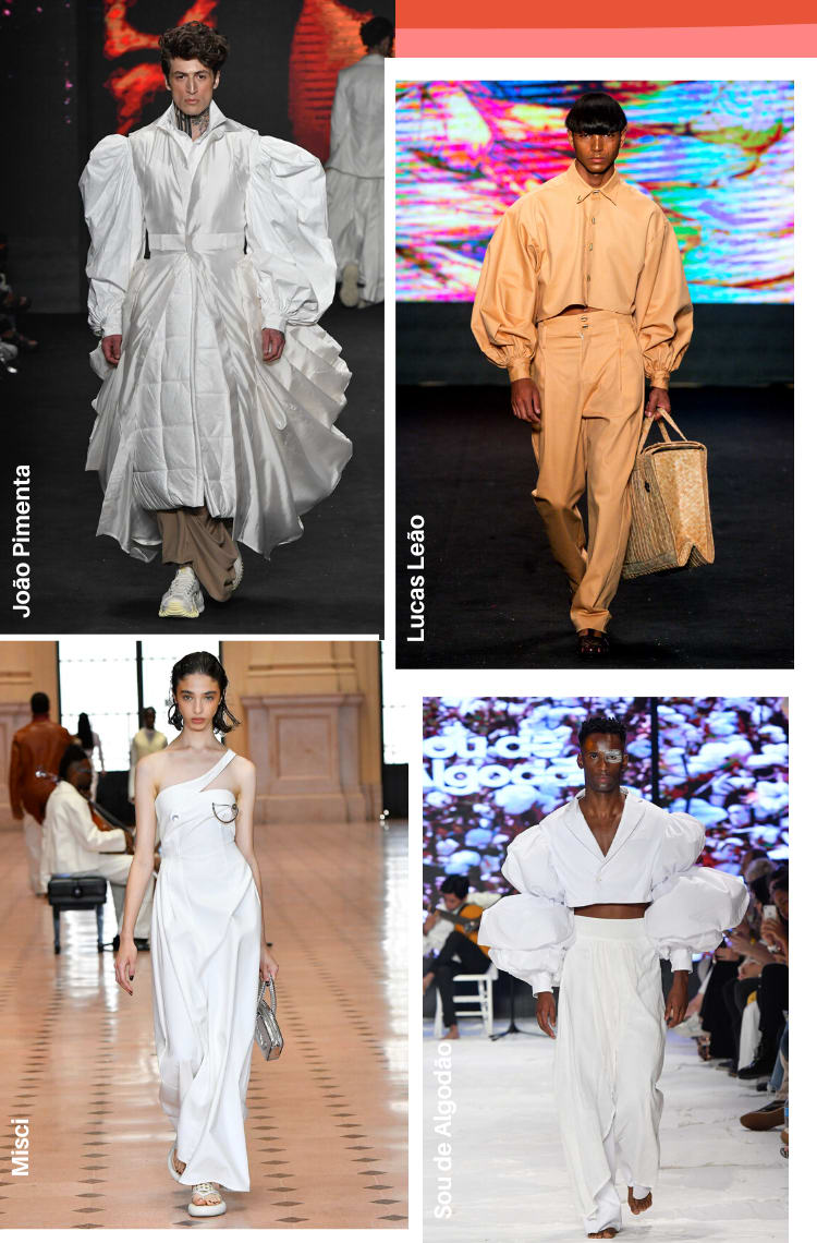 Montagem vertical com 4 fotos com as principais tendências da SPFW 54 Outono/inverno 2023. Foto 1, do desfile de João Pimenta: um modelo com cabelos castanhos está no centro da passarela. O look é composto por um casaco longo acolchoado branco de mangas bem bufantes, calça bege e tênis branco. Foto 2, do desfile de Lucas Leão: um modelo com cabelos curtos está no centro da passarela. O look é composto por camisa bege com mangas bufantes, calça de alfaiataria bege e bolsa oversized de palha. Foto 3, do desfile da Misci: uma modelo com cabelos castanhos curtos molhados está no centro da passarela. O look é composto de um vestido longo branco com uma alça só. Foto 4, do desfile Sou de Algodão: um modelo com cabelos curtos está no centro da passarela. O look é composto por blazer cropped e mangas bufantes branca, calça de alfaiataria branca.