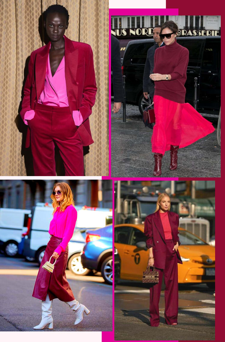 Montagem com 4 fotos para ilustrar 7 dicas de como usar a cor de 2023, Viva Magenta, nos looks: com rosa. Foto 1: uma mulher com cabelos curtos trançados está em frente a uma cortina bege. O look é composto por um terno Viva Magenta, camisa pink Valentino. Foto 2: Victoria Beckham está em frente a um carro preto, andando. O look é composto por blusa de gola alta Viva Magenta, saia mídi rosa e bota bordô. Foto 3: uma mulher com cabelos médios ondulados loiros está em um estacionamento. O look é composto por camisa pink e saia mídi de couro Viva Magenta e bota branca de cano alto. Foto 4: uma mulher loira de cabelos lisos está em frente a uma rua. O look é composto por terno Viva Magenta e blusa rosa.