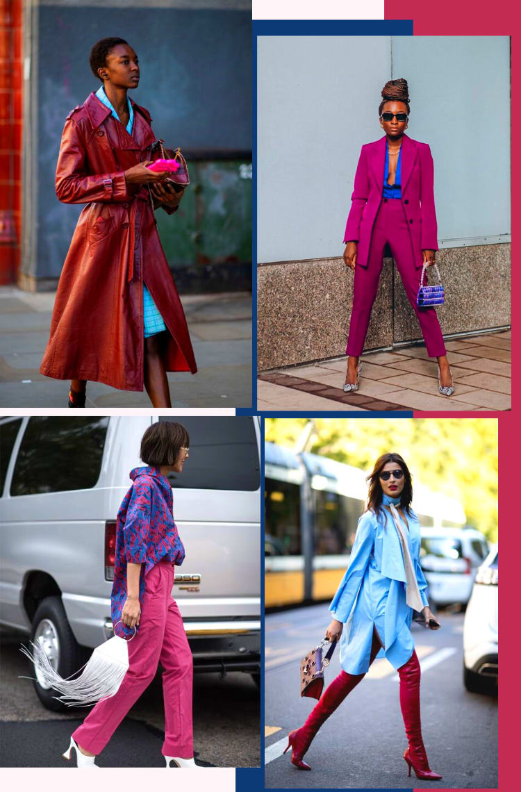 Montagem com 4 fotos para ilustrar 7 dicas de como usar a cor de 2023, Viva Magenta, nos looks. Foto 1: uma mulher com cabelo curto está em uma rua vazia. O look é composto por vestido azul e sobretudo Viva Magenta de couro. Foto 2: uma mulher com cabelo trançado preso em um coque está em frente a uma parede cinza. O look é composto por terno Viva Magenta, camisa azul, scarpin animal print e bolsa de miçangas roxa. Foto 3: uma mulher com cabelos curtos castanhos está atravessando uma rua com carros ao fundo. O look é composto por camisa de mangas curtas em tons de azul e Viva Magenta, calça Viva Magenta e mule branca de salto alto. Foto 4: uma mulher com cabelos castanhos está em uma rua atravessando. O look é composto por vestido camisa, bolsa marrom e bota alta de couro Viva Magenta.